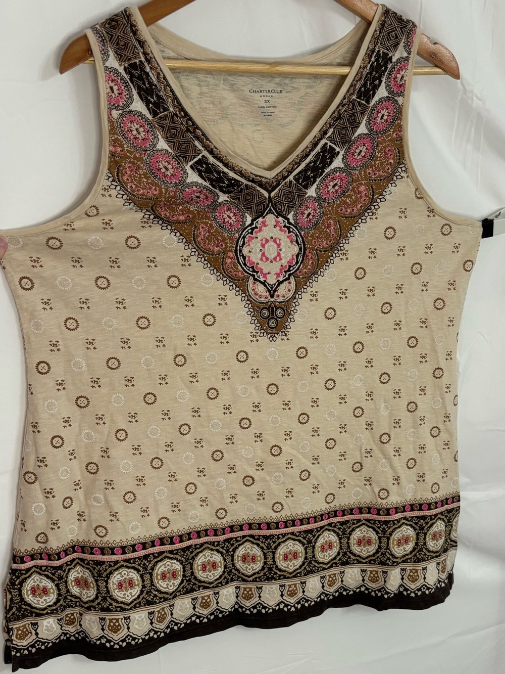 Charter Club Cream/Pink/Brown Boho Print Sleeveless V-Neck Tank/Blouse - Size 2X - Picture 3 of 14